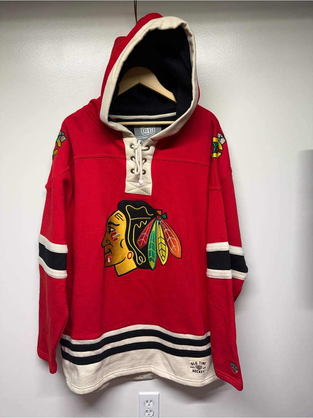 Men's chicago blackhawks Red Lace-Up Hockey Hoodie with Embroidered Native Logo